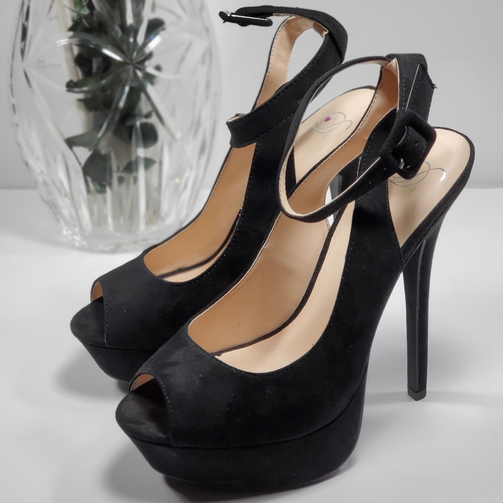 Black Suede Peep-Toe Platform Ankle Strap Stiletto